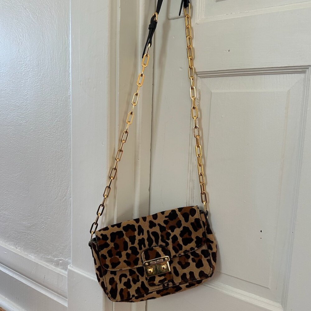 Miu Miu Bandoliera Leopard Print Calf Hair Shoulderbag